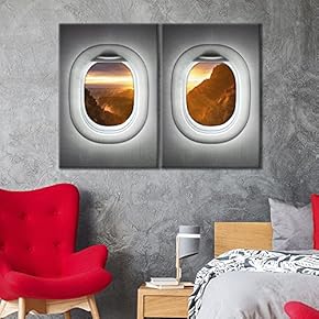 2 Panel Canvas Wall Art - Grey Plane Window Seat Mountainside Sunset - Giclee Print Gallery Wrap Modern Home Art Ready to Hang - 16"x24" x 2 Panels