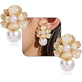 Vintage Large Gold Pearl Flower Drop Earrings for Women Dangling Statement Floral and Big Baroque Pearls Dangle Dangly Bridal Earring Vacation Jewelry