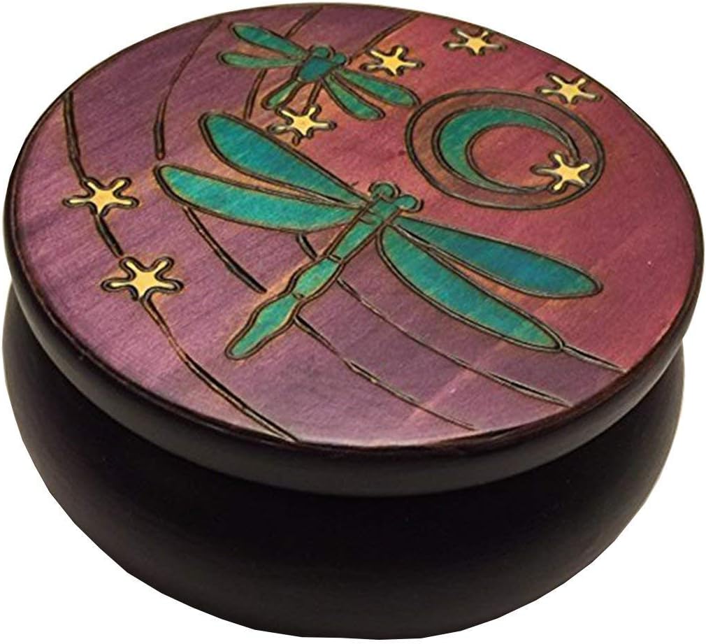 PolishArt Dragonfly Moon Handmade Wooden Round Box Linden Wood Keepsake Jewelry Box