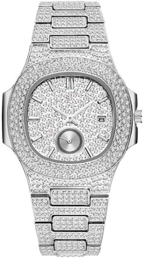 Mens Iced-Out Quartz Watch Hip Pop Oblong Case Shiny Crystal Fully Diamond Bling Bling Wrist Watch with Calendar