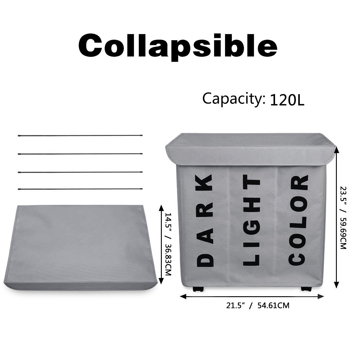 WOWLIVE 3 Section Laundry Hamper Lid Rolling Laundry Basket Wheels Laundry Sorter Removable Dividers Waterproof Durable Dirty Clothes Organizer Storage Bin (Gray)