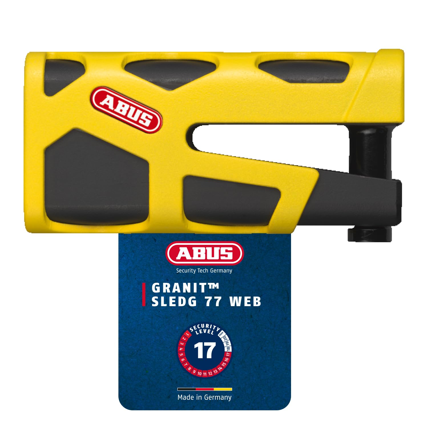 ABUS Granit Sledg 77 yellow brake disc lock - Motorcycle lock with secure XPlus cylinder and reminder cable - security level 17 - Yellow