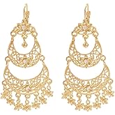 Boho Flower Tassel Statement Dangle Hoop Earrings for Women Crystal Chandelier Drop Dangling Earring Indian Bollywood Jewelry Gift for Jhumka Festival Holiday Christmas Wedding Party