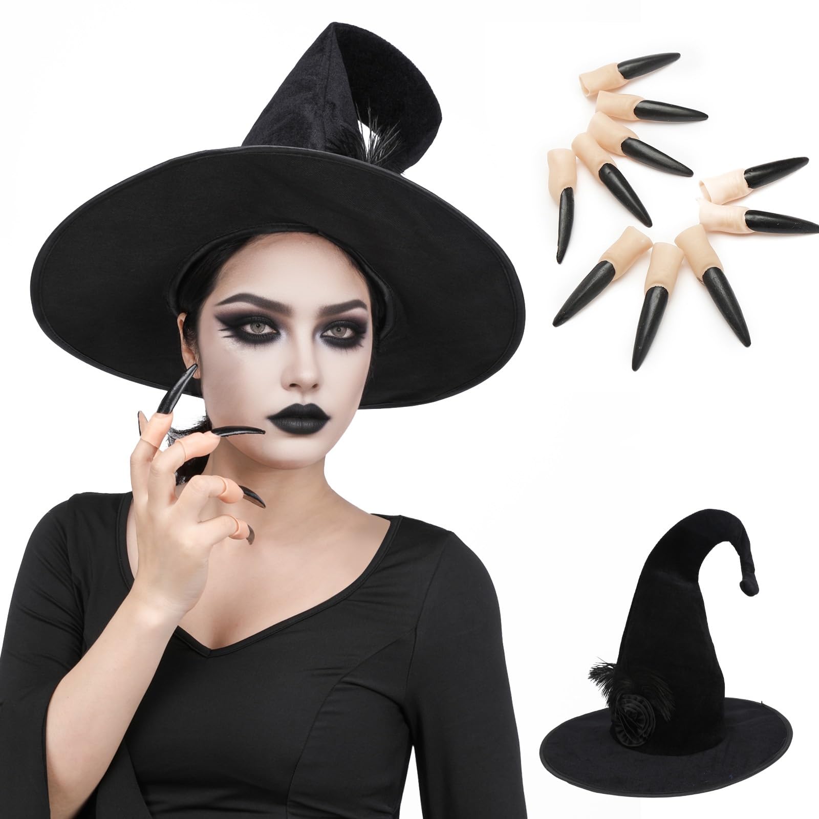 Adult Witch Costume, 3PCS Ladies Black Witch Dress Gothic Outfits with Hat Nails Props, Halloween Party Fancy Dress Up (2 PCS (No dress), One Size)