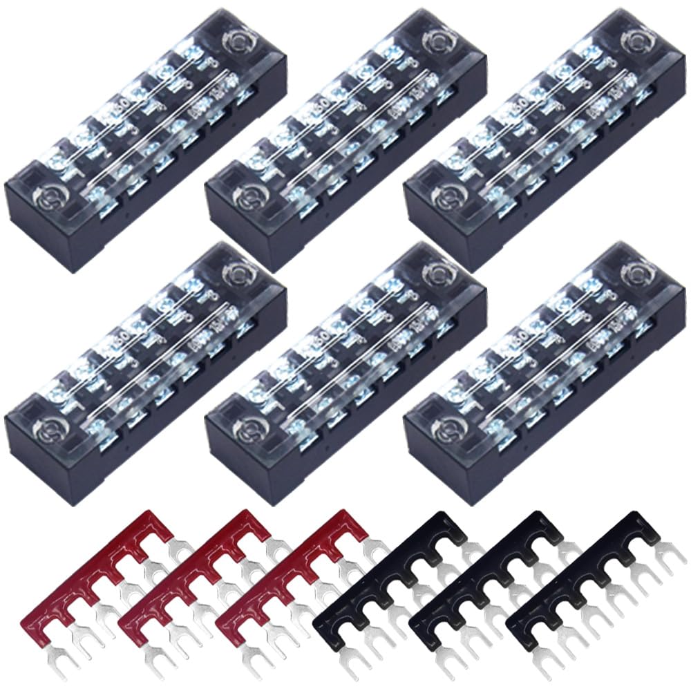 CEEYSEE12pcs(6 Sets) 6 Positions Dual Rows Covered Screw Terminal Block 600V 15A + 6Pcs 6 Positions Pre-Insulated Black/Red Fork Terminal Barrier Strip 400V 15A (TB1506)