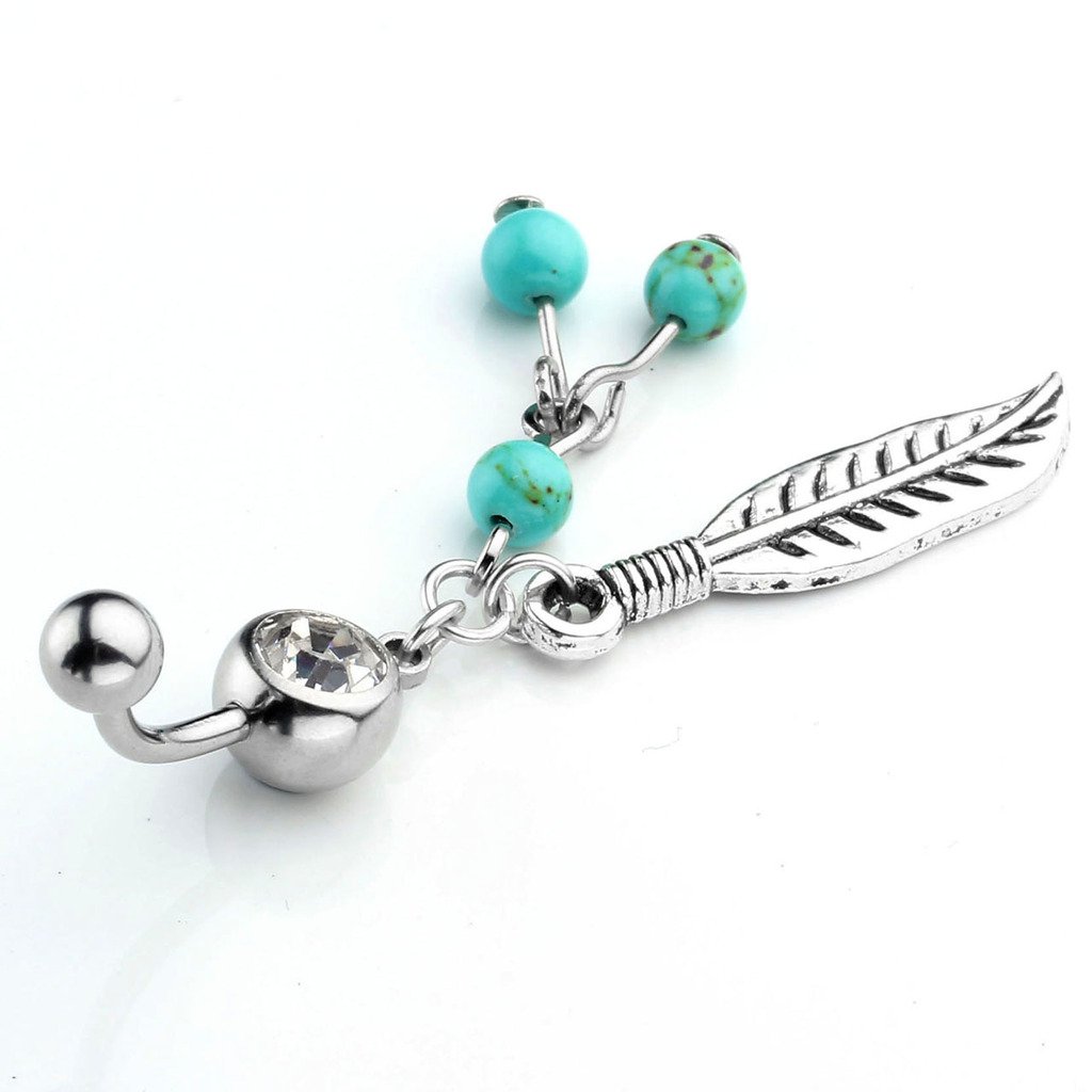 JSDDE Piercing,Edelstahl Bauchnabelpiercing mit Feder Anhänger und Türkis Perlen,Zirkonia Belly Ring Bauchnabel Piercing
