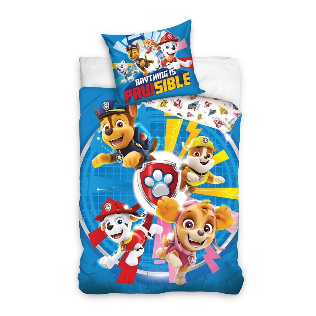 Paw Patrol Bedding Set with Stella, Ruben, Chase and Marcus, for Single, Duvet Cover 140 x 200 cm + Pillowcase 65 x 65 cm, Polycotton