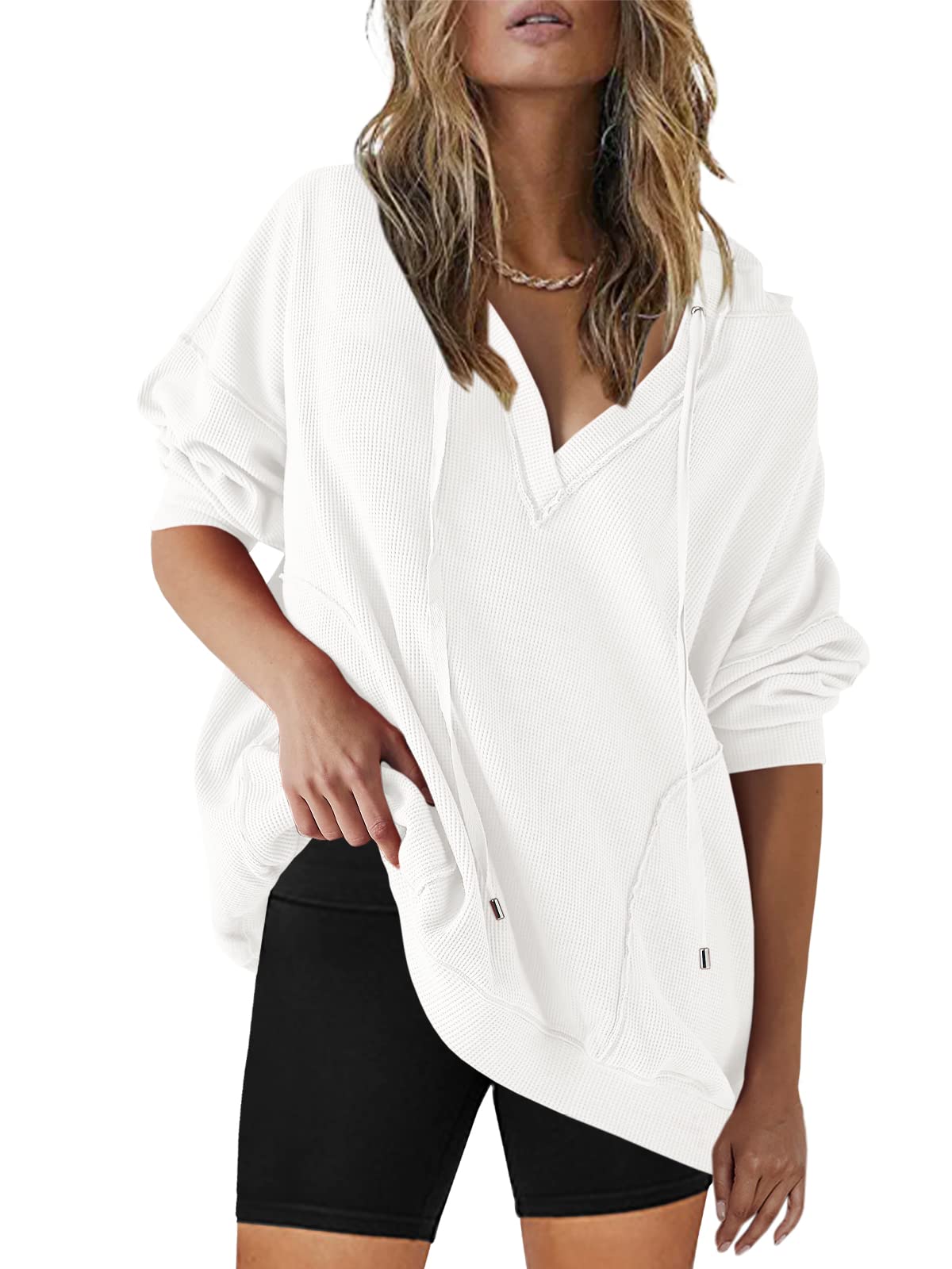 USA EMBROIDERED WHITE OVERSIZED V-NECK HOODIE WITH SIDE SLIT & STRING TIES