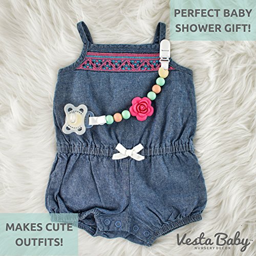 Vesta Baby Pacifier Clips with Silicone Teething Beads for Girls, 2 MAM Pacifier Clip Adapters, Soothie Pacifier Holder & Baby Teether Holder, Universal Binky Clips are Best Baby Girl Gifts, Set of 2