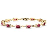 Gem Stone King 18K Yellow Gold Plated Silver Pink Tourmaline and White Moissanite Tennis Bracelet For Women (6.61 Cttw, Gemstone Birthstone, Oval 6X4MM, 6.5, 7, 7.5 Inch)