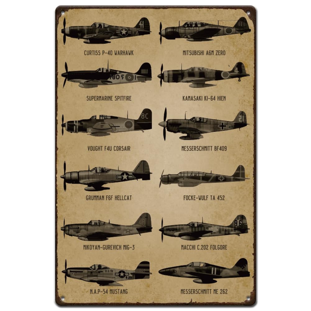 SUPERDANT Metal Signs WWII Fighter Planes Tin Signs Fighter Guide Metal Sign Vintage Warplane Art for Bars Pub Playroom Man Cave Pantry Boy's Room Wall Decor Plaque