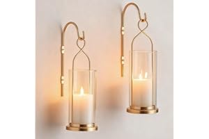 Walasis Gold Candle Sconces Wall Decor: Set of 2 Wall Candle Holder for Pillar Candles - Modern Metal Hurricane Lantern Decoration for Indoor Porch Fireplace Bathroom Living Room