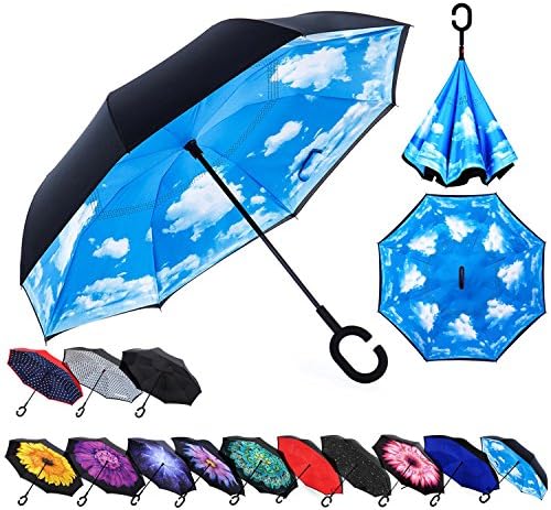 Zameka Double Layer Inverted Umbrellas Reverse Folding Umbrella Windproof UV Protection Big Straight Umbrella Inside Out Upside Down for Car Rain Outdoor With C-Shaped Handle (Sky)