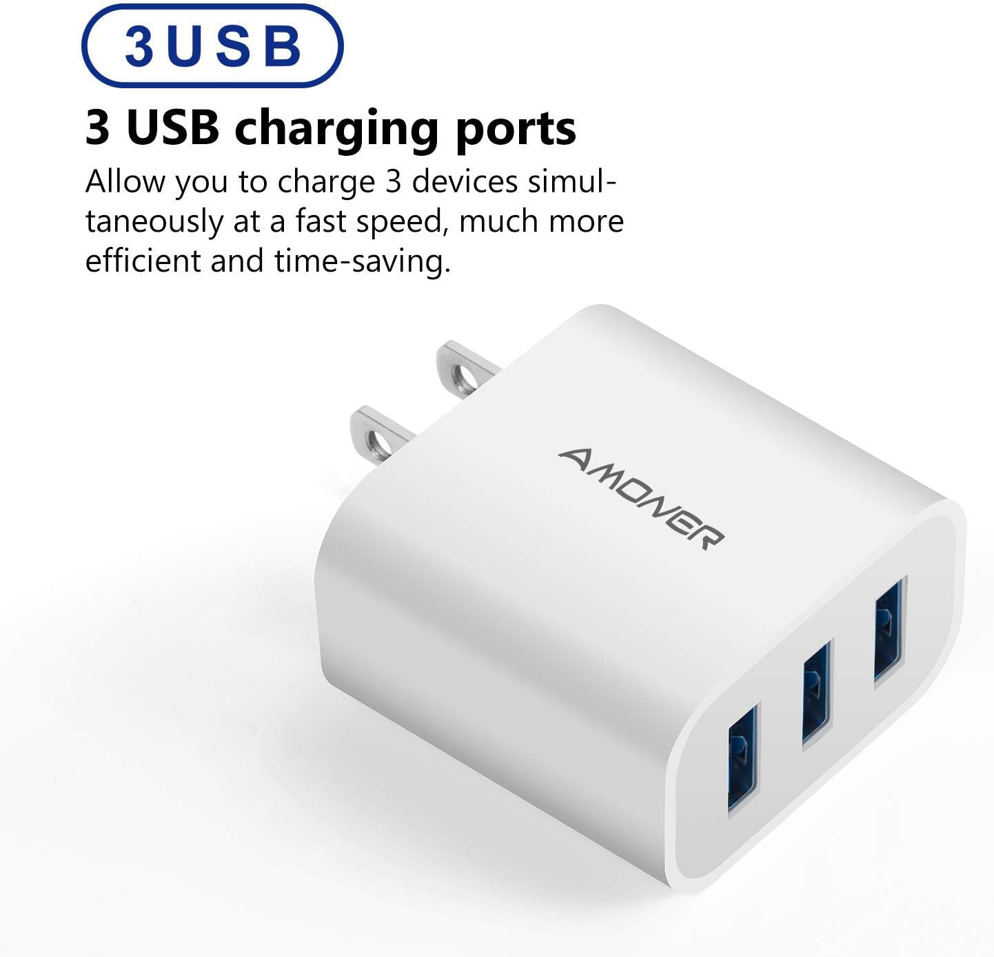 Wall Charger, Amoner Upgraded 2Pack 15W 3-Port USB Plug Cube Portable Wall Charger Plug for iPhone Xs/XS Max/XR/X/8/7/6/Plus, iPad Pro/Air 2/Mini 2, Galaxy9/8/7, Note9/8, LG, Nexus and More