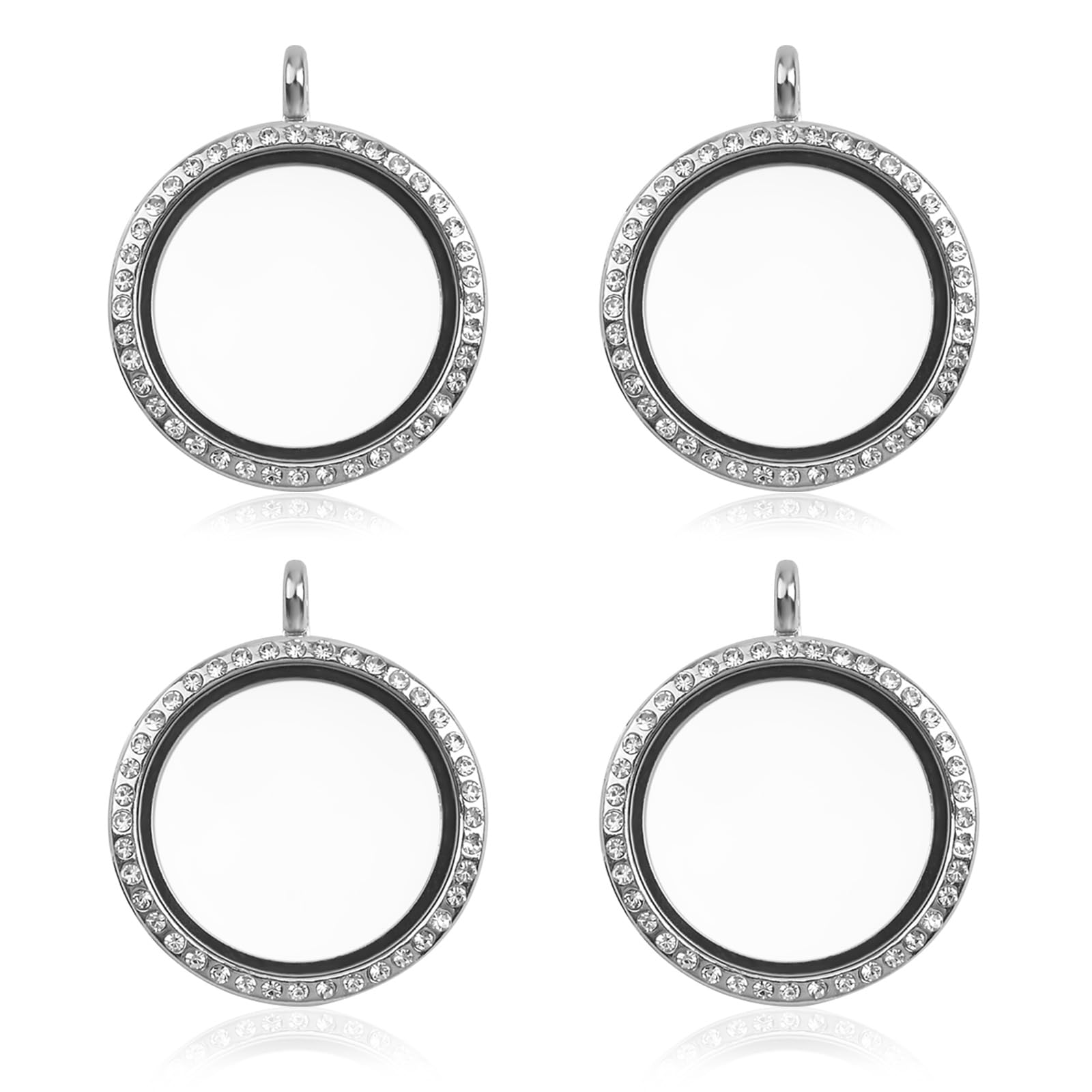WANDIC Rhinestone Photo Charm, 4 Pcs Silver Color Round Crystal Photo Pendant Bridal Wedding Bouquet Charms Memory Locket for 2 Pictures (4 Pcs Silver)
