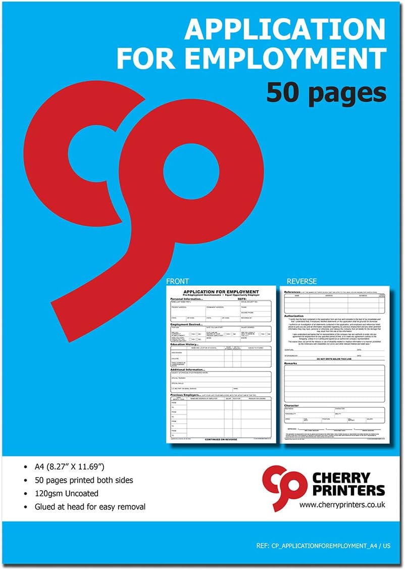 Cherry Applications for Employment, 50 Applications/Pack, 8.27 x 11.69 Inches