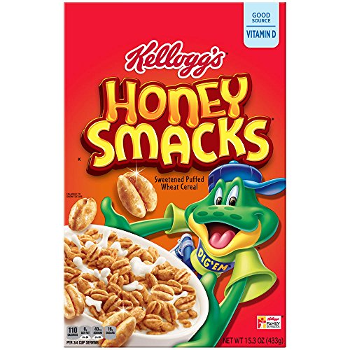 Kellogg's Honey Smacks Cereal, Sweetened Puffed Wheat, 15.3 oz (Pack of 2)