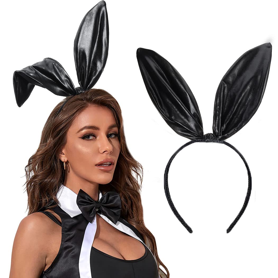 Photo 1 of Aceorna Black Bunny Ears Headbands Cool Leather Hairbands Knotted Rabbit Ears Hair Hoop Party Cosplay Decoration Headdress Costume Headwear for Masquerade,Nightclubs,Carnival