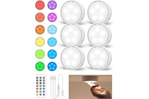 GOODEA.fun Puck Lights with Remote Control,Under Cabinet Lighting Magnetic,LED Closet Lights Rechargeable,Dimming Tap Light, Stick on Lights, for Closet, Bedroom Wall, Under Cabinet(RGB) 6 Pack
