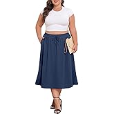 Lastshe Women's Plus Size Midi Skirts Elastic High Waisted Casual Loose Boho A-Line Flowy Skirt with Pockets