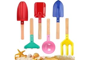 Apidgrowth Children Beach Sand Toys, 6 PCS 8'' Wooden Handle Gardening Tools, Kids Gardening Set, Cylinder, Spoon, Fork, Rake, Flat Shovel & Pointed Shovel