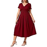 winkbay Women's Plus Size Criss Cross V Neck Dress Elegant Short Sleeve A Line Maxi Party Dresses with Pockets