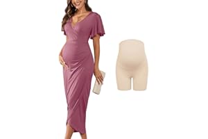 AISWI 2025 Womens Maternity Wrap Dress V Neck Ruffle Sleeves Semi Formal Baby Shower Photoshoot Party Cocktail Pregnancy