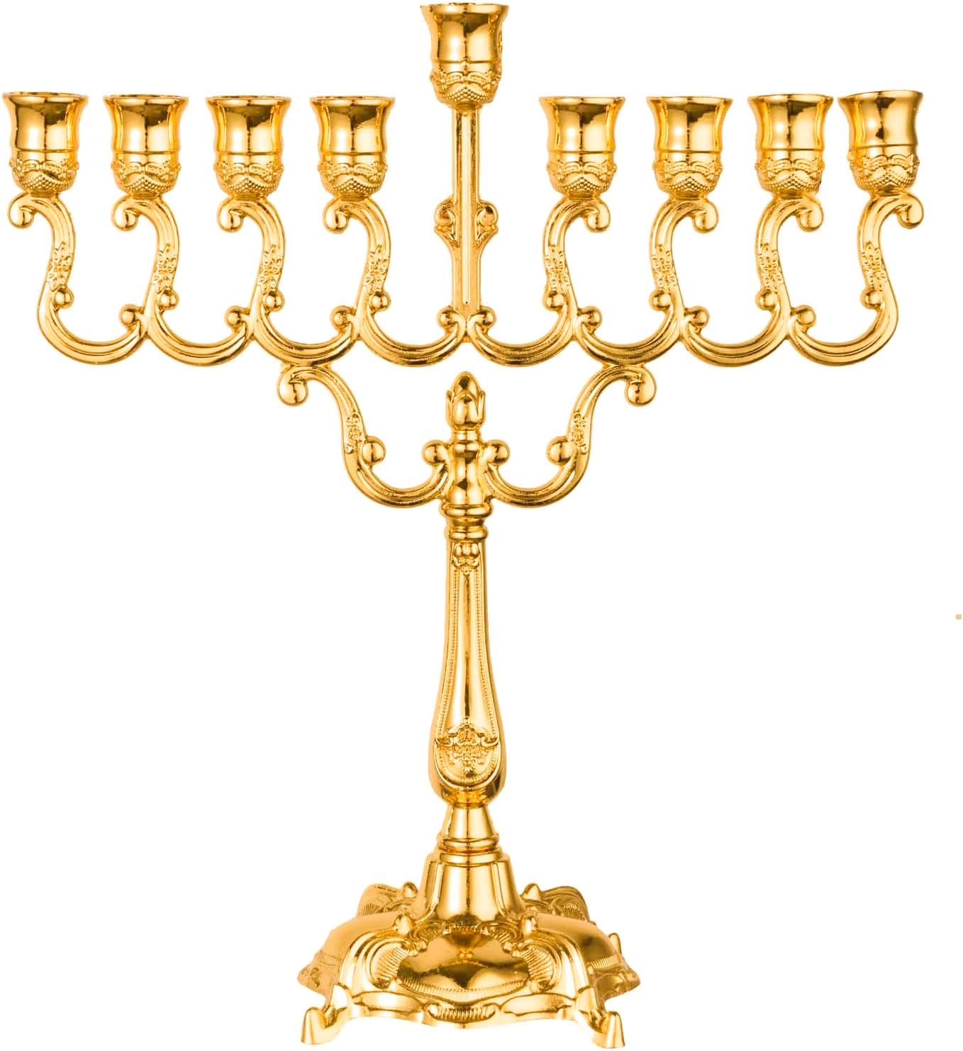 Photo 1 of ?9-Branch Gold-Plated Hanukkah Menorah Candle Holder - Jewish Holiday Decor, Sabbath Table Centerpiece, Jerusalem Temple Style, Home & Office Decoration?