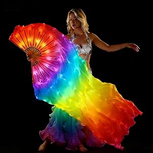AioAuiy One piece LED Women Real Silk Belly Dance Fan Veil, Hand Made Silk Fans, Silk Fans Veils for Belly Dance for Dance/Ou