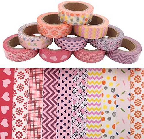 Washi Masking Tape Set ,Decorative Craft Tape Collection for DIY and Gift Wrapping,10 Rolls 15MM x 10M (RED)