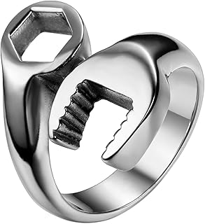 JewelryWe Schmuck Biker Edelstahl Herren-Ring, Fashion Mode Mechaniker Schraubenschlüssel Schlüssel Band Ring Edelstahlring für Halloween Weihnachten, Silber Größe 54 - mit Geschenk Tüte