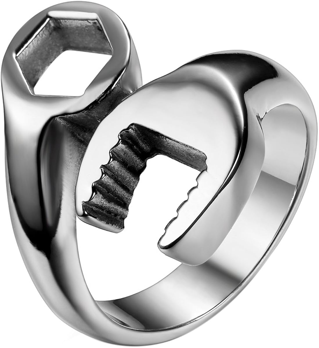 JewelryWe Schmuck Biker Edelstahl Herren-Ring, Fashion Mode Mechaniker Schraubenschlüssel Schlüssel Band Ring Edelstahlring für Halloween Weihnachten, Silber Größe 54 - mit Geschenk Tüte