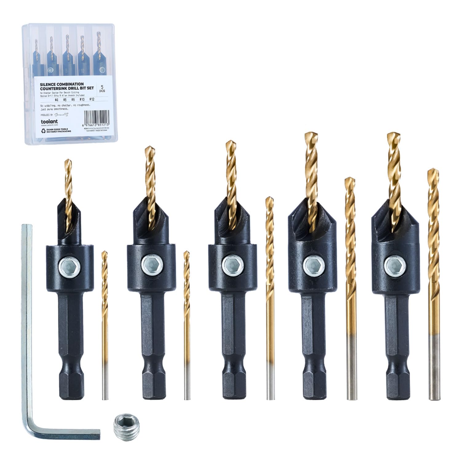 Photo 1 of toolant Silence Combination Countersink Drill Bits Set, #4, #6, #8, #10, #12, High-Speed Steel Counter Sink Drill Bit Adjustable for US Wood Screw with Storage Case