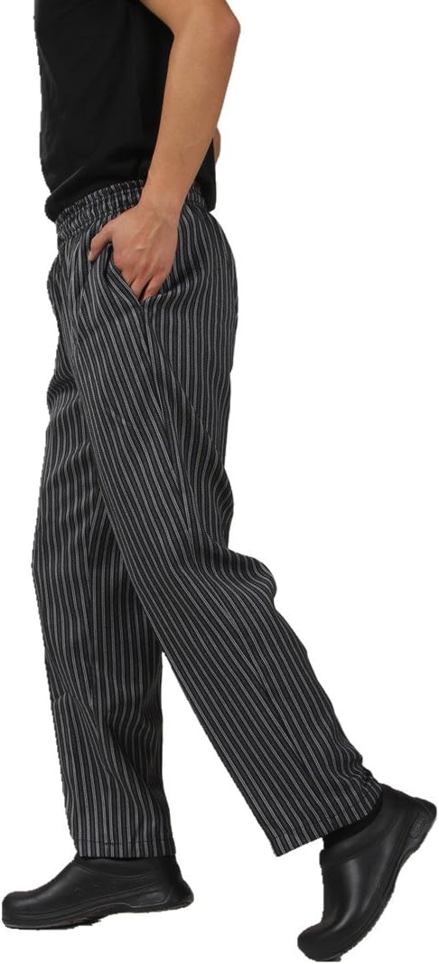JXH Chef Uniforms men's black grey striped chef pants with elastic waist