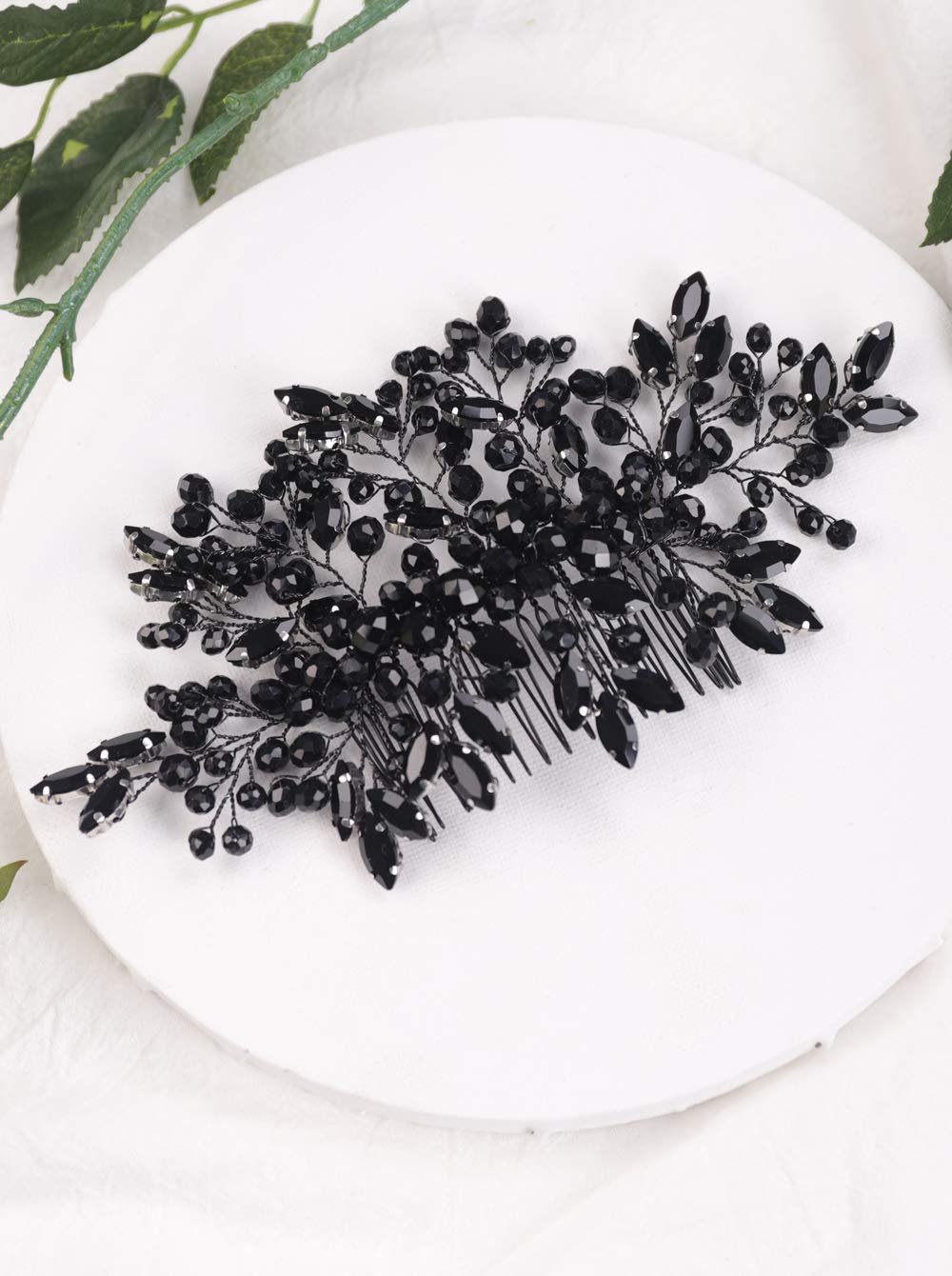 BERYUAN Women Multi Pure Color Hair Comb Classic Black Onyx Gem Headpiece Opal Crystal Rhinestone Silver Headpiece Wedding Hair Accessory Headress for Bride Bridesmaid(black)