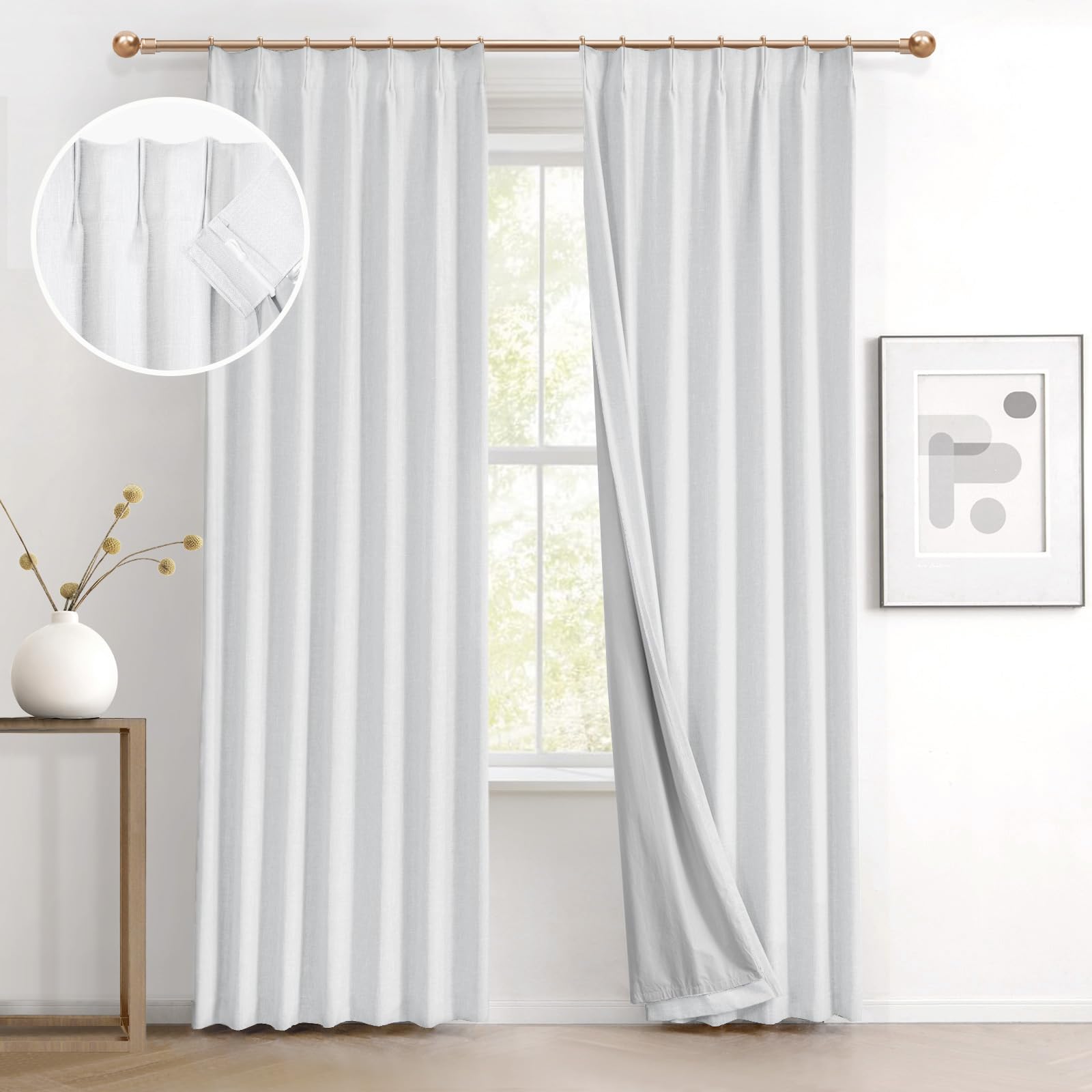 Photo 1 of IVAPUPU Linen Pinch Pleated Blackout Curtains for Bedroom - Full Black Out White Curtains 90 Inch 2 Panels Set for Living Room Darkening Thermal Window Curtain Drapes with 16pc Hooks