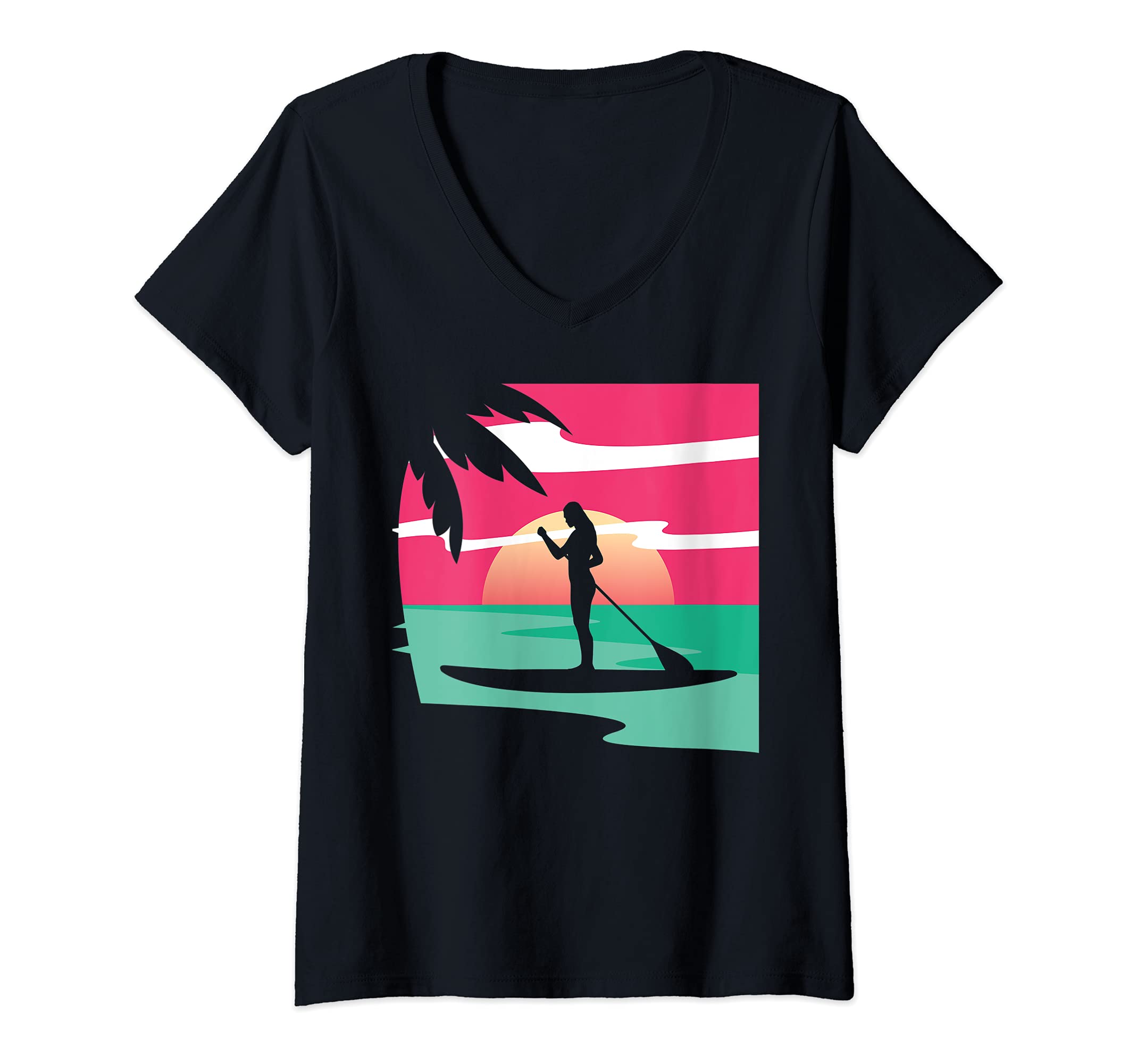 Womens Tropical Beach Sunset Stand Up Paddling Paddleboarder SUP V-Neck T-Shirt