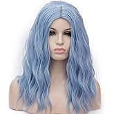 BUFASHION 18" Long Wavy Curly Water Blue Synthetic Wig for Women Girls Cosplay Wig Halloween Costume Wig with Wig Cap(Light Blue)