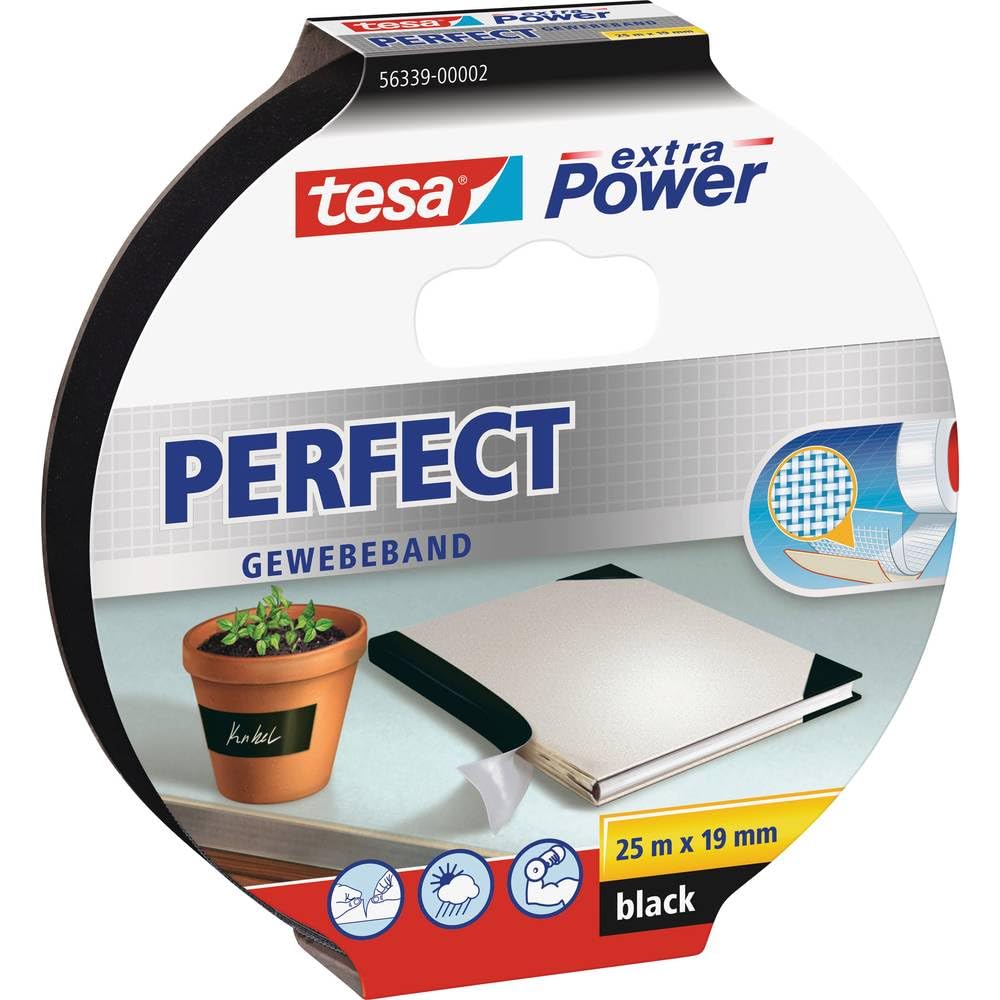 tesa UK Extra Power Perfect Cloth Tape - Fabric-Reinforced Repairing Tape for Crafting, Repairing, Fastening, Reinforcing and Labelling - Black - 25 m x 19 mm, Clear
