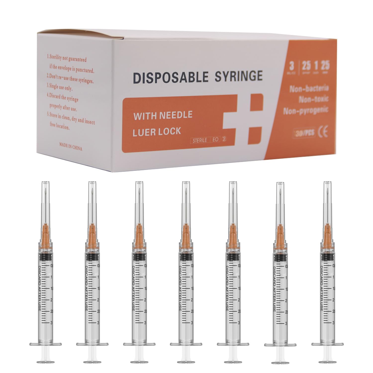 Photo 1 of 25 Gauge 1 inch Needle with Syringe(30 Pack) , 3ml Luer Lock Disposable Syringes with Needle ,Individually Wrapped