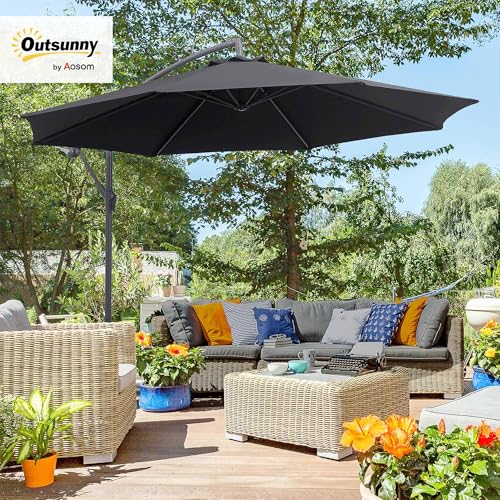 Outsunny 10' Deluxe Patio Umbrella, Outdoor Market Parasol, Banana Hanging Offset Sunshade with Crank, Cross Base