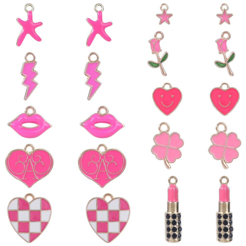 SUNNYCLUE 1 BOX 30Pcs 10 Stlyes Bright Pink Charm Heart Enamel Charms Lipstick Flower Four Leaf Clover Lips Valentines Charms for jewellery Making Charms DIY Necklace Bracelet Earring Crafting Beginne