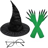 KATOLK Witch Costume Accessories Set - Black Witch Hat, Round Frame Glasses & Green Claw Gloves for Women - Halloween Cosplay, Movie Props & Role-Playing Party