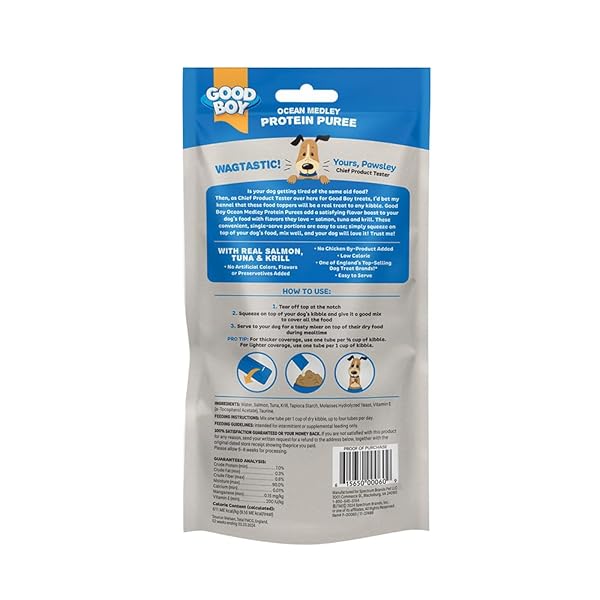 GOOD BOY OCEAN MEDLEY PROTEIN PUREES DOG FOOD MIXERS FOR ALL ADULT DOGS, 10 COUNT, EASY SINGLE-SERVE TRIPLE FLAVOR TOPPER TREATS WITH SALMON, TUNA AND KRILL