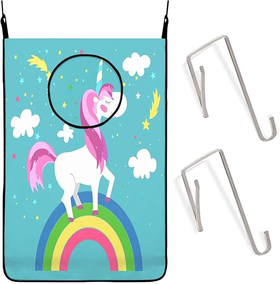Cesta para la colada con diseño de unicornio caminando sobre arco iris