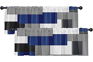 Emvency 2 Pack Valances Window Treatments, Navy Blue and Black Geometry Abstract Blackout Drapes Adjustable Curtain for Windows Living Room Kitchen Over Sink, 18x52 Inch Rod Pocket Valances