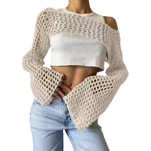 SHENHE Women's Crochet Shrug Sweater - Y2K Hollow Out Bell Sleeve Cropped Top