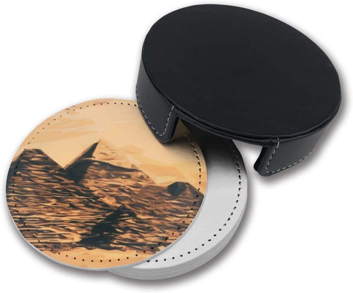 Pyramid Egypt Ancient History Mysterious Boulders Coasters For Drinks, Leather Coasters Set Of 6 With Holder,Protect Furniture From Damage