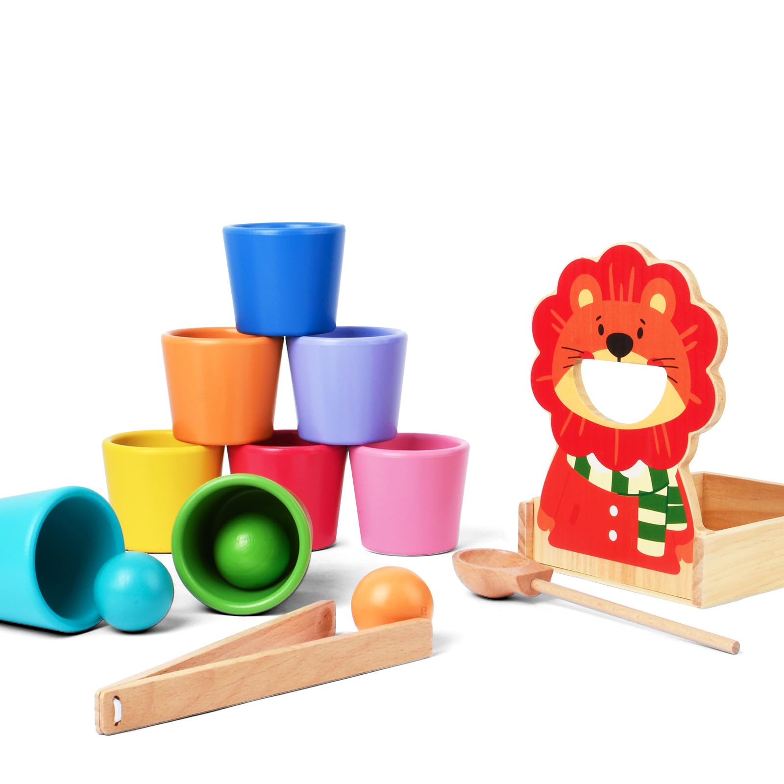 Vicloon Rainbow Balls in Cups Toddler Montessori Toys, 8 Balls Colour Sorting Toys for Toddlers, Baby Preschool Matching Wooden Games for 3+ Year Old for Learning Colour Sorting and Counting