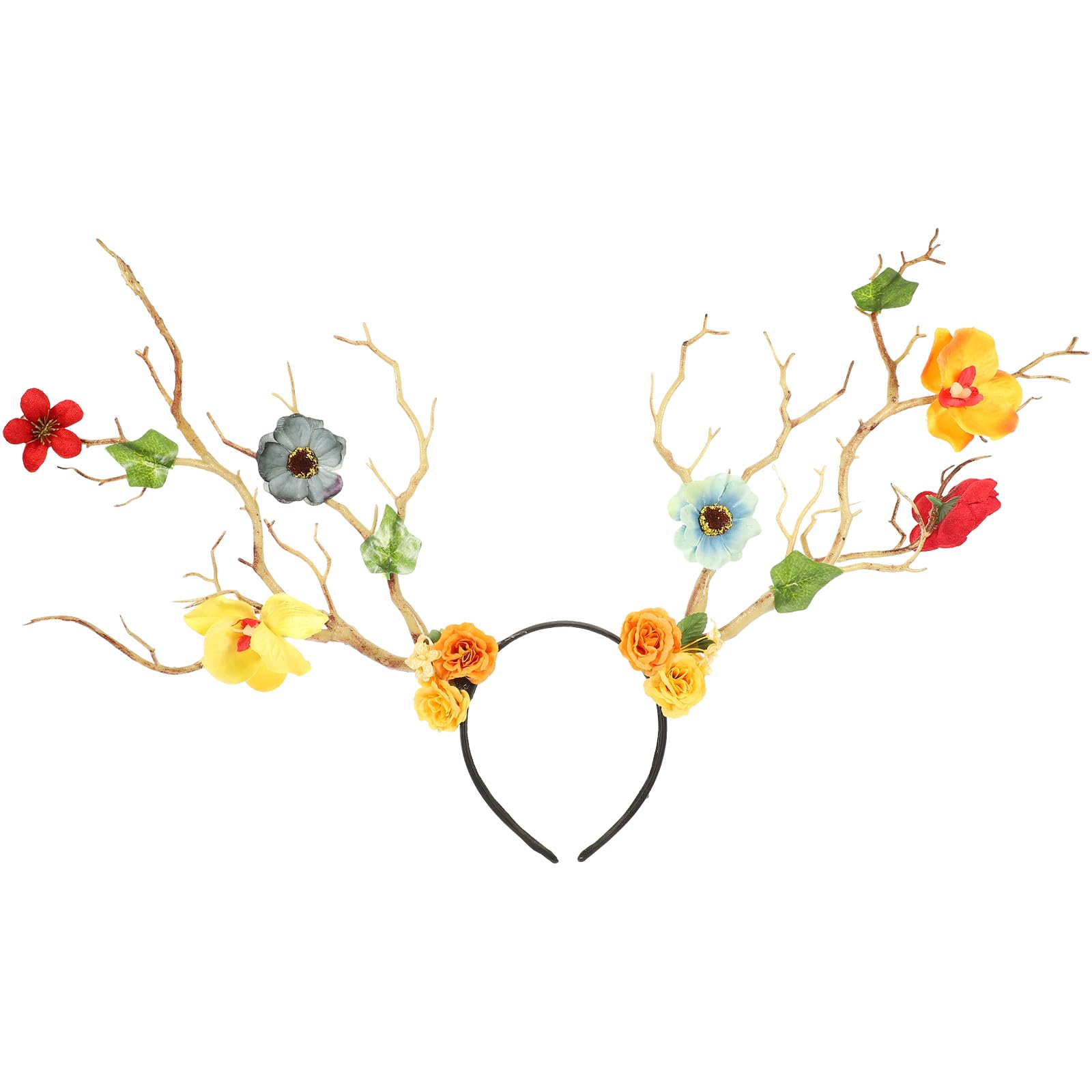 minkissy Branch Antler Headband for Christmas Floral Antler Horns Headband Flower Branch Hair Plush Headwear for Xmas Party Women